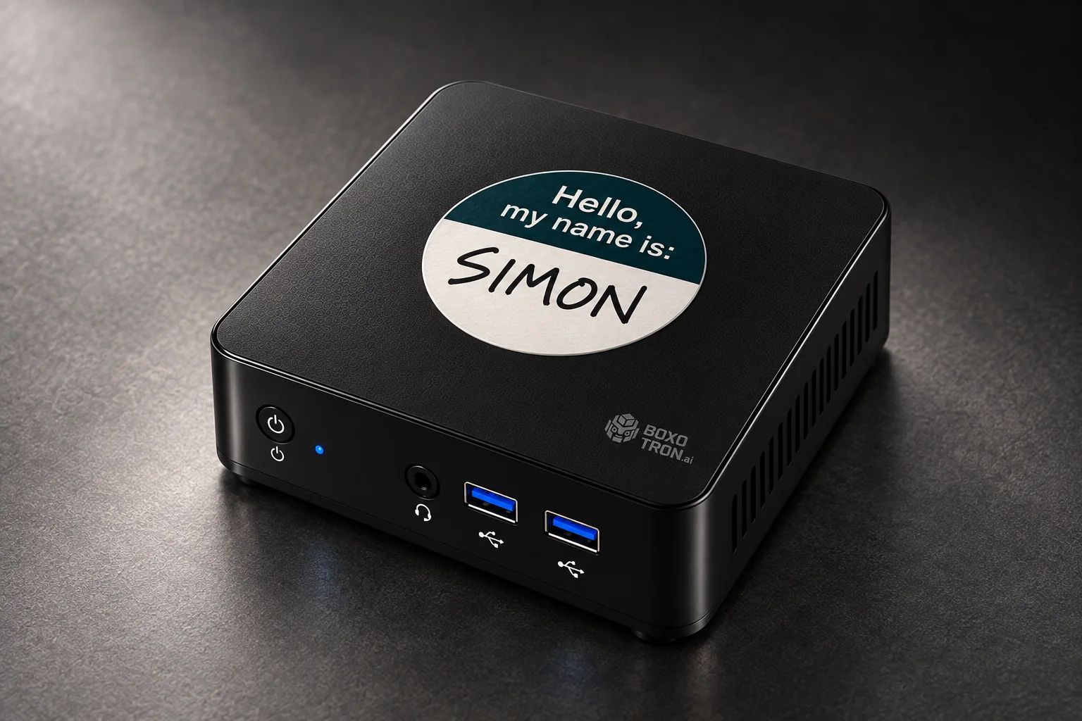 Boxotron concept with Simon handwritten in black marker on its name label